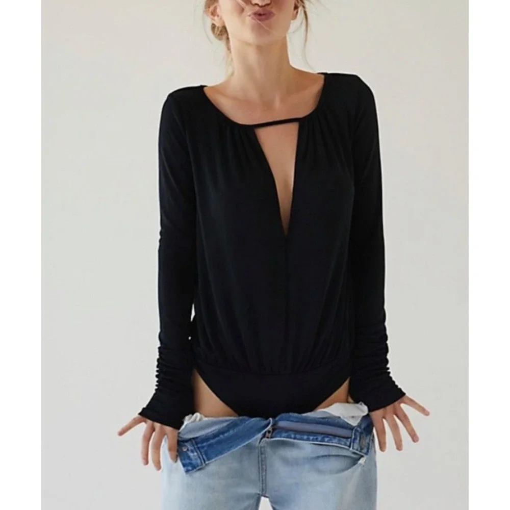 NWT Intimately Free People Women Kaya Keyhole Bodysuit Black Size XS Long Sleeve
